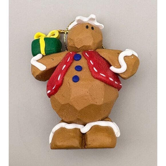 Vintage Gingerbread Man Christmas Tree Ornament Holding Gift Carved Clay Style - Picture 4 of 8